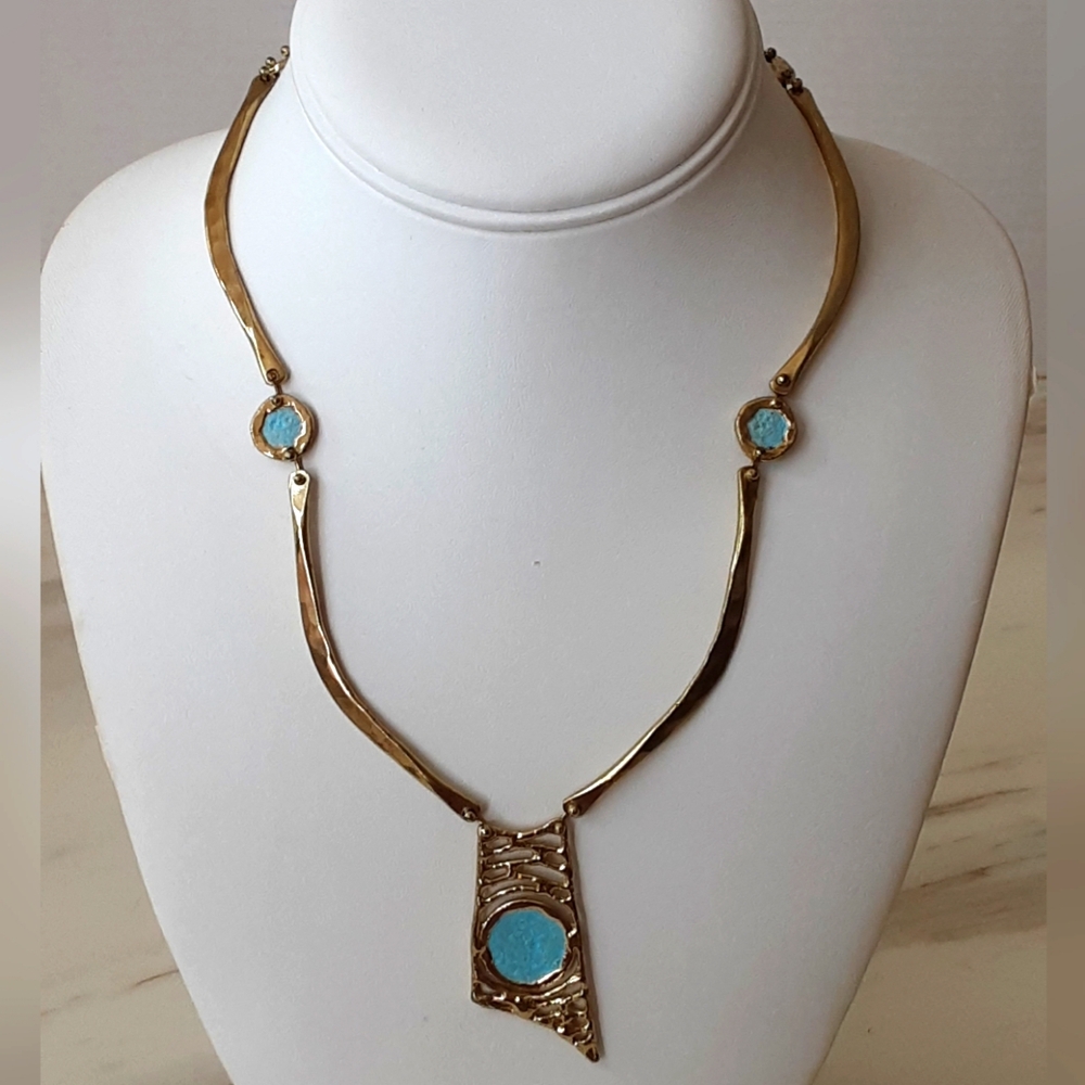 ANNE DICK Modernist|Brutalis Hammered Bronze Tiffany Blue Inlay Pendant Necklace